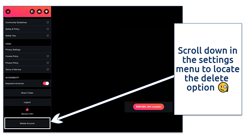 Screenshot of Tinder's desktop delete account option