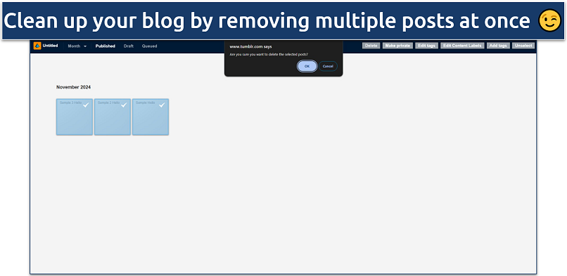 Screenshot of Tumblr multiple post deletion