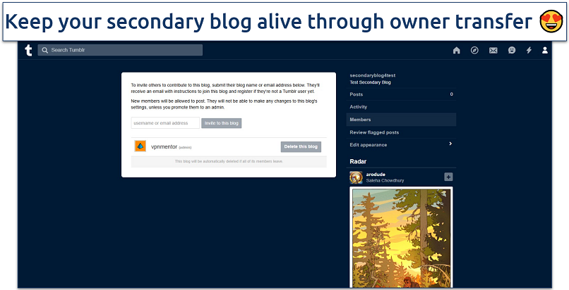 Screenshot of Tumblr secondary blog owner transfer