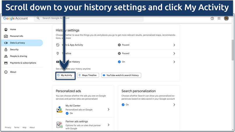 Screenshot of how to find your history settings within your Google Account