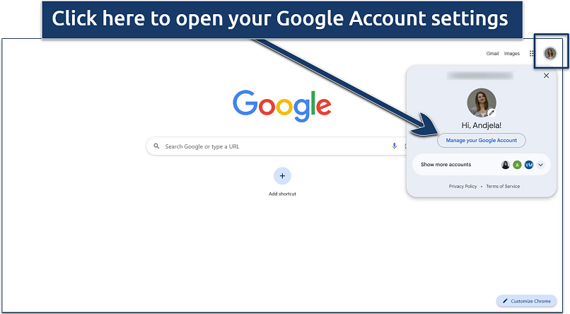 Screenshot of how to access Google Account settings