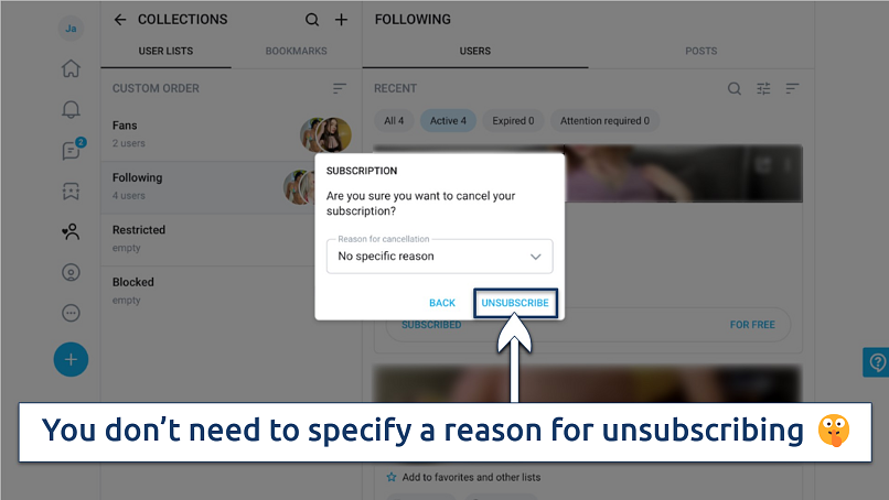 Screenshot showing the process of unsubscribing to OnlyFans