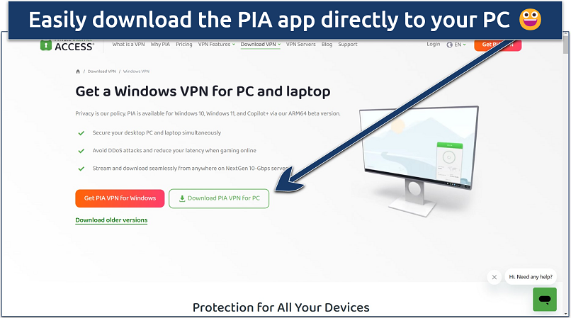 Screenshot of PIA's website with Windows download links and instructions