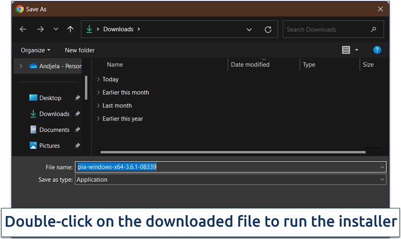 Screenshot of downloading PIA's Windows installation file