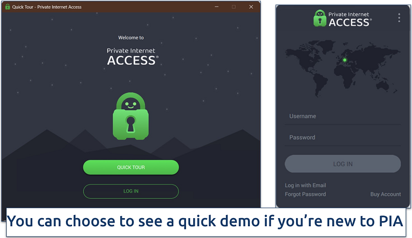 Screenshot of PIA's Windows app's login screen