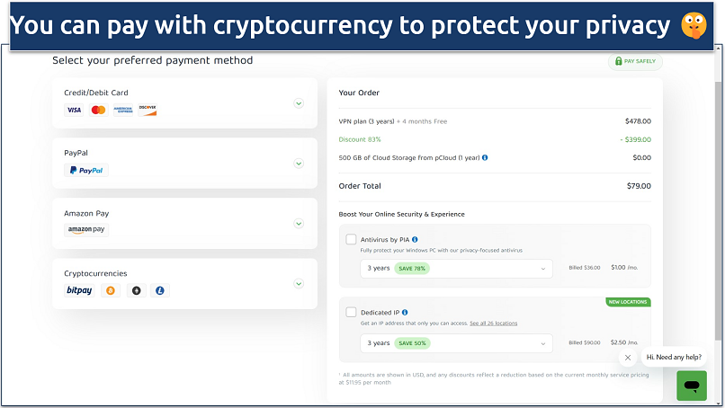 Screenshot of PIA's payment page