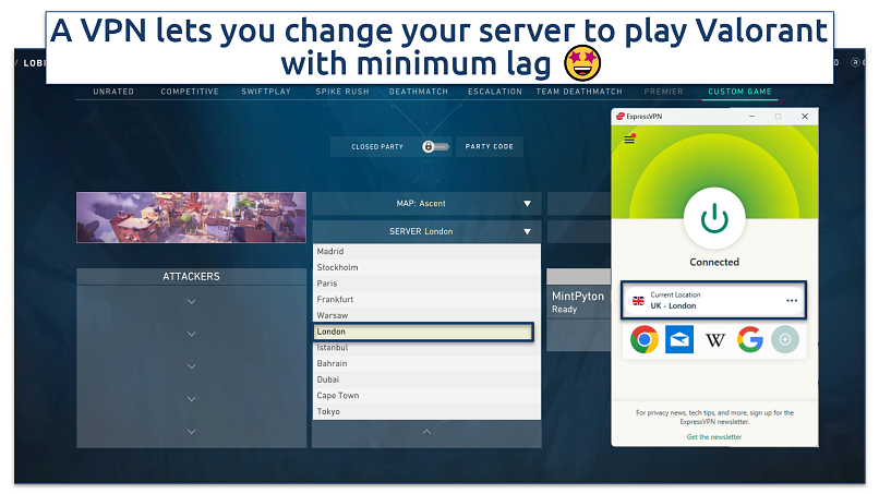 Screenshot showing Valorant and ExpressVPN using the same server