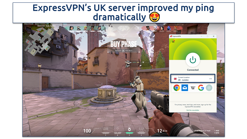 Screenshot showing how ExpressVPN provides low ping in Valorant