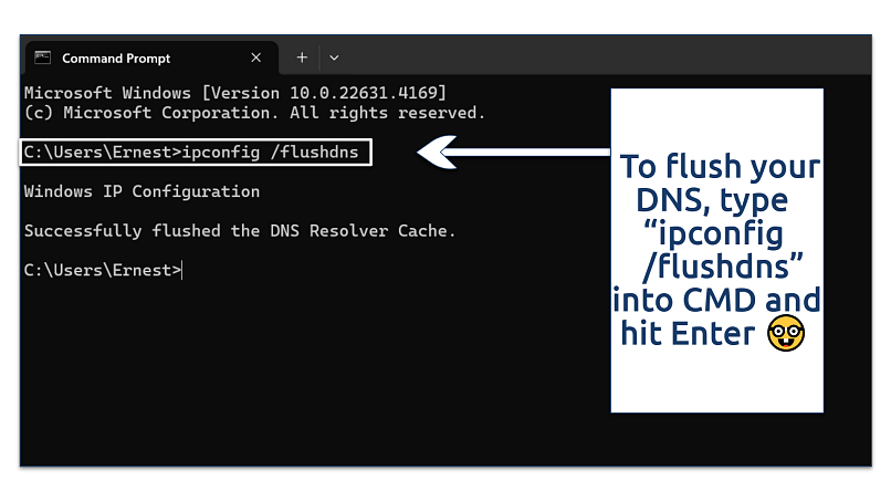 Screenshot showing how to flush DNS on Windows