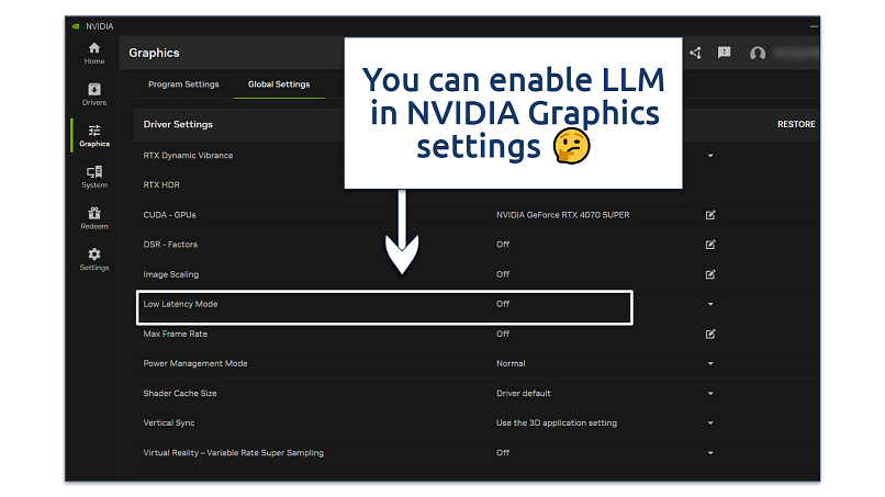 Screenshot showing how to enable NVIDIA's low latency mode