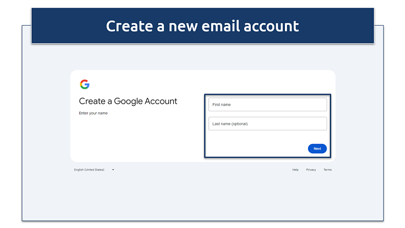 Screenshot of creating a new Google account