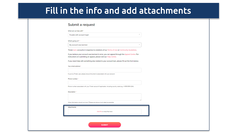 Screenshot of Tinder Submit a request page