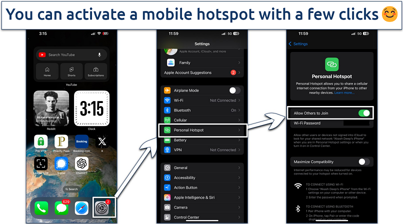 Screenshots showing how to activate a mobile hotspot on an iPhone