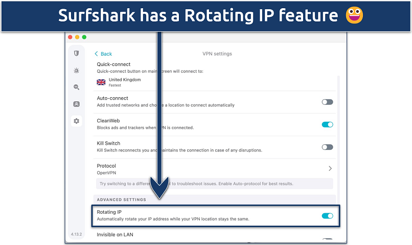 Screenshot of Surfshark's Settings menus with the Rotating IP feature highlighted