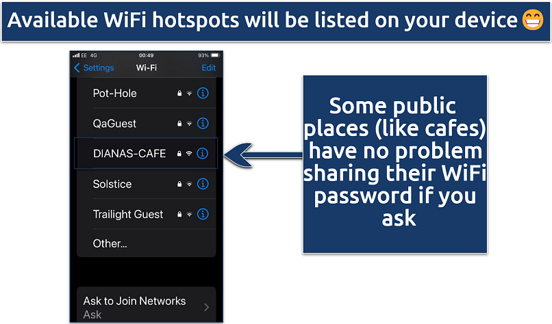 Screenshot showing the available WiFi hotspots on an iPhone