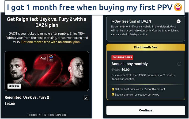 Screenshot of the options to buy a boxing PPV and subscribe to a paid plan on DAZN