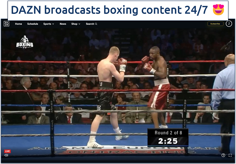 Screenshot of streaming boxing on DAZN on the live channel