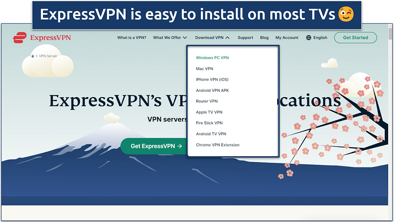 Screenshot of the ExpressVPN website home page with the VPN app download dropdown