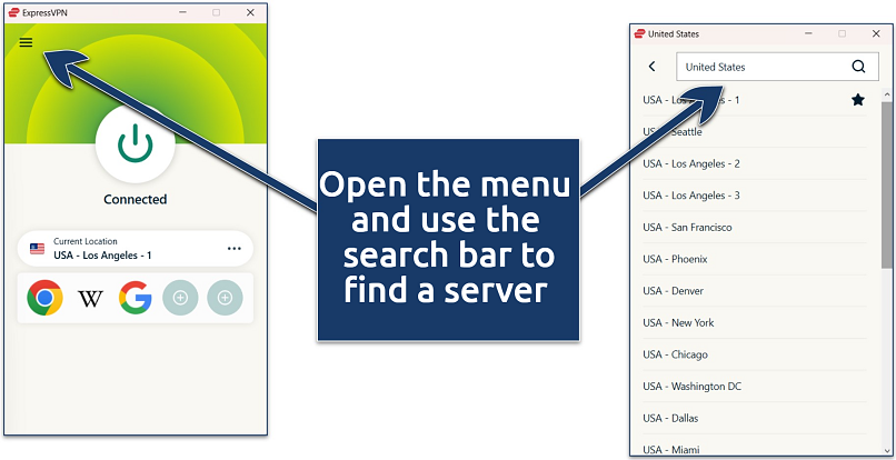 Screenshot of the ExpressVPN Windows app main dashboard while connected to a US server