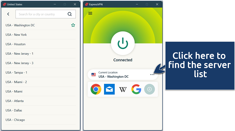 Screenshot of ExpressVPN's Windows application with the list of US servers