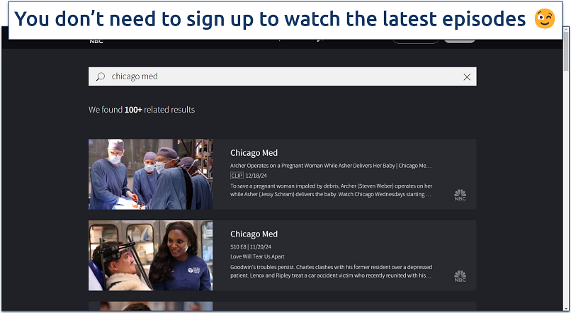 Screenshot of NBC's website with Chicago Med search results