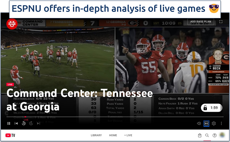 Screenshot of streaming College Football on ESPNU live using YouTube TV