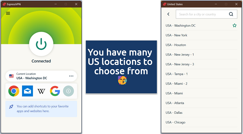 Screenshot of ExpressVPN's Windows app connected to the US