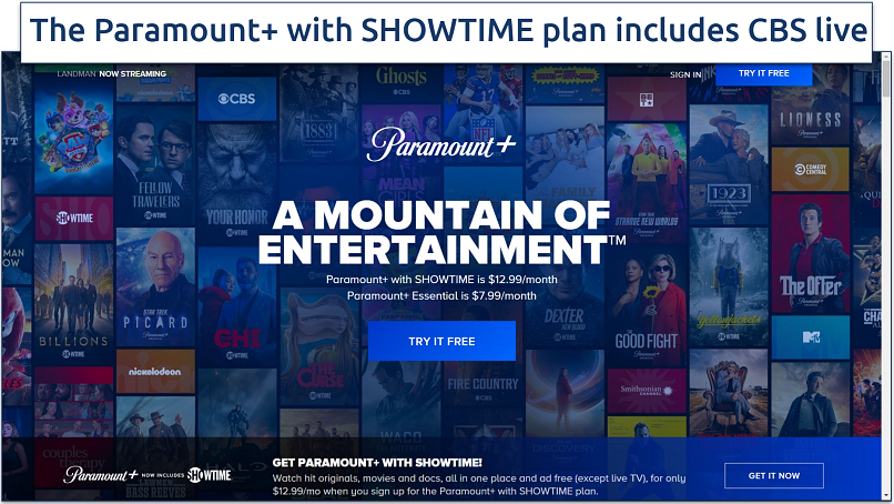 Screenshot of Paramount Plus website homepage