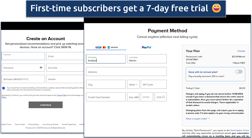 Screenshots of Paramount Plus signup process