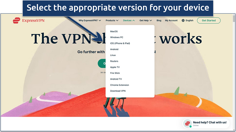 Screenshot of ExpressVPN's website homepage with device compatibility tab open