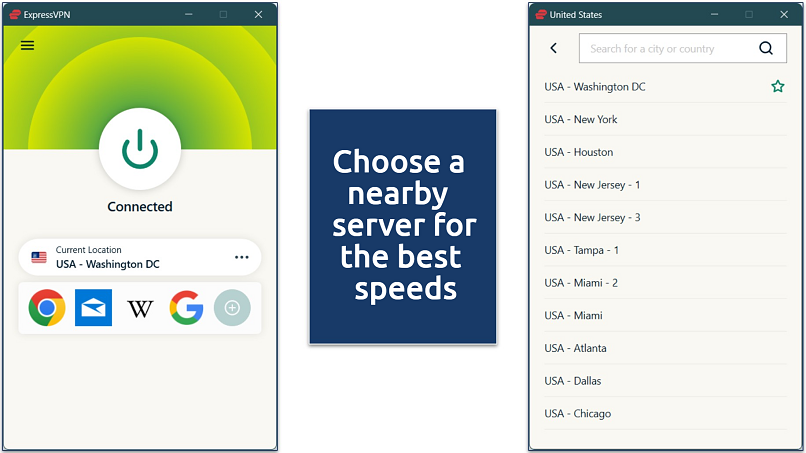 Screenshot of ExpressVPN's Windows app with the US server list