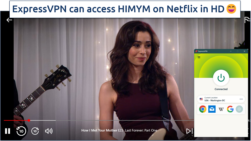 Screenshot of a HIMYM episode on Netflix with ExpressVPN connected to the US