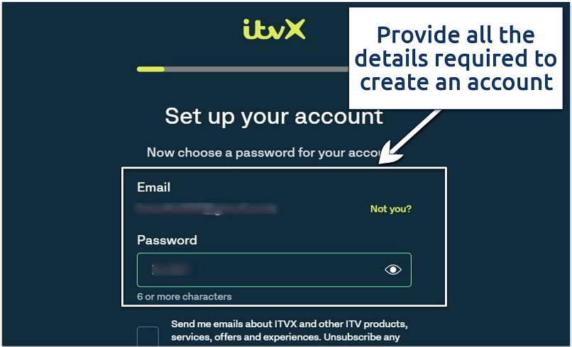 A screenshot of the ITVX account registration form