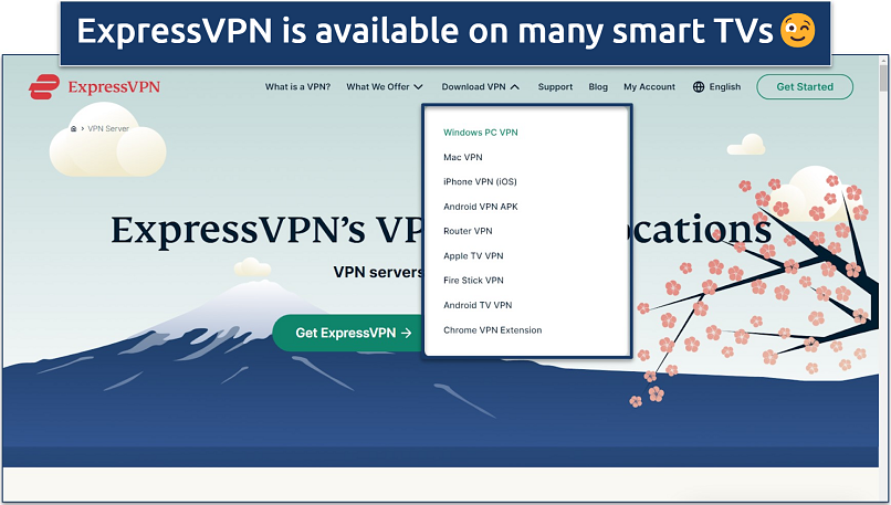 Screenshot of the ExpressVPN website homepage with the app download dropdown menu open