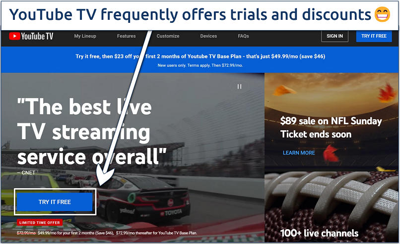 Screenshot of the YouTube TV home page with the 