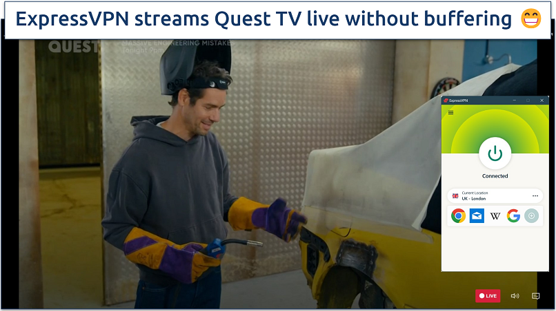 Streaming Quest TV live on Discovery+ with ExpressVPN connected to London