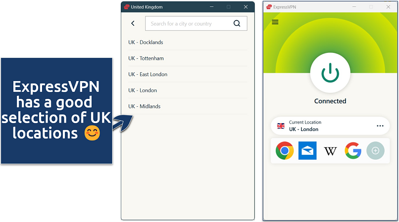 Screenshot of ExpressVPN's Windows app connected to London, UK