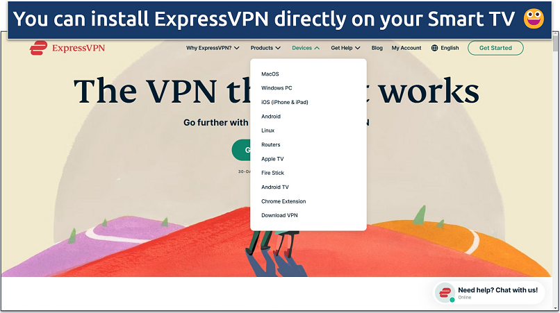 Screenshot of ExpressVPN's website with information about device compatibility