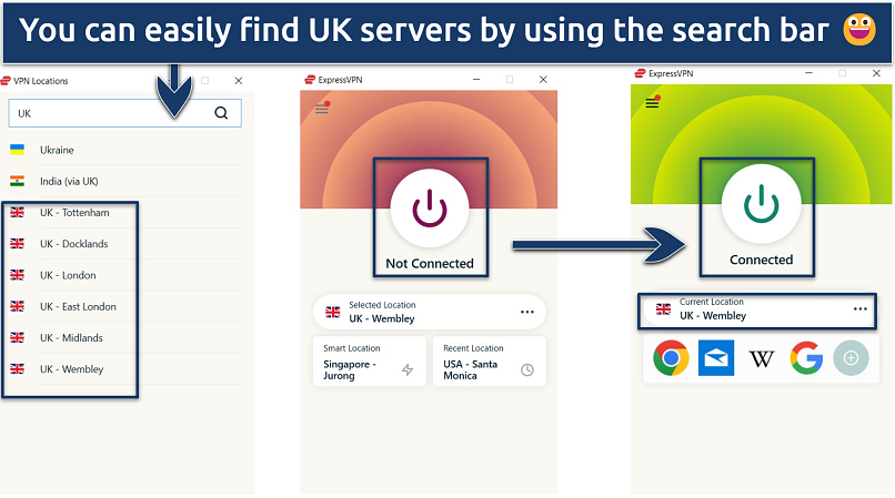 Screenshot showing the app interface of ExpressVPN connected to the UK Wembley Server