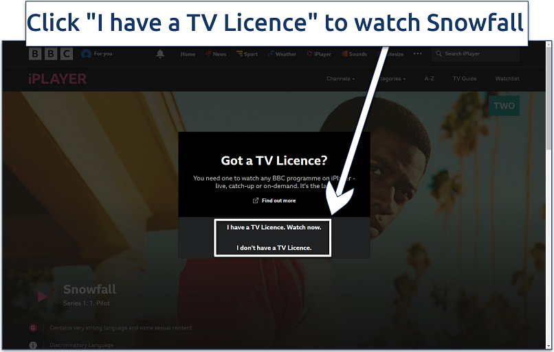 Screenshot of the BBC iPlayer Got a TV Licence? popup over the Snowfall home page