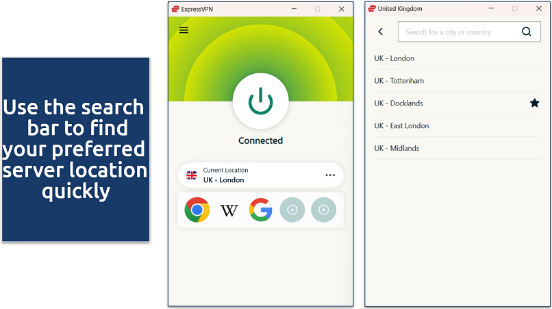 Screenshot of the ExpressVPN Windows app showing a connection to a UK server, along with a list of additional UKserver options