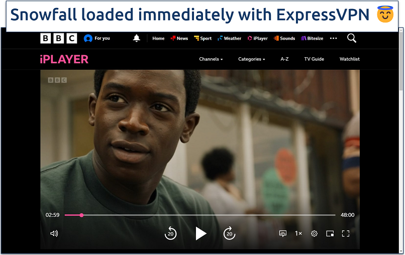 Screenshot of streaming Snowfall on Hulu while connected to ExpressVPN's UK server