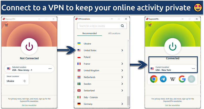 Screenshot showing ExpressVPN connected to New York