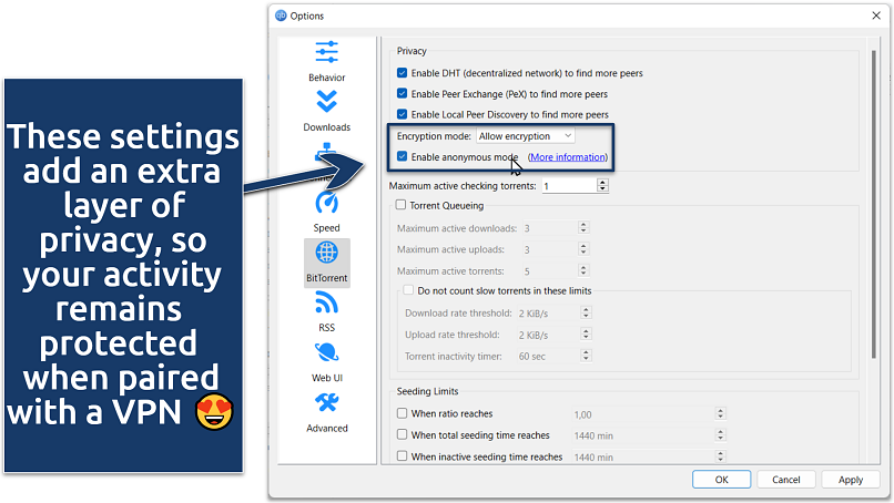 Screenshot showing qBittorrent privacy settings