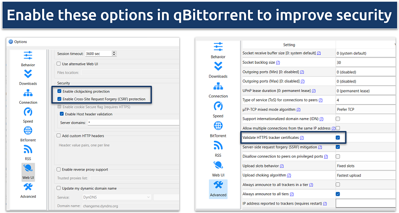 Screenshot showing qBittorrent advanced settings