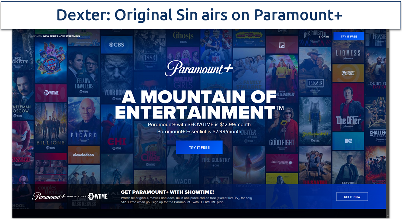 Screenshot showing the Paramount+ homepage