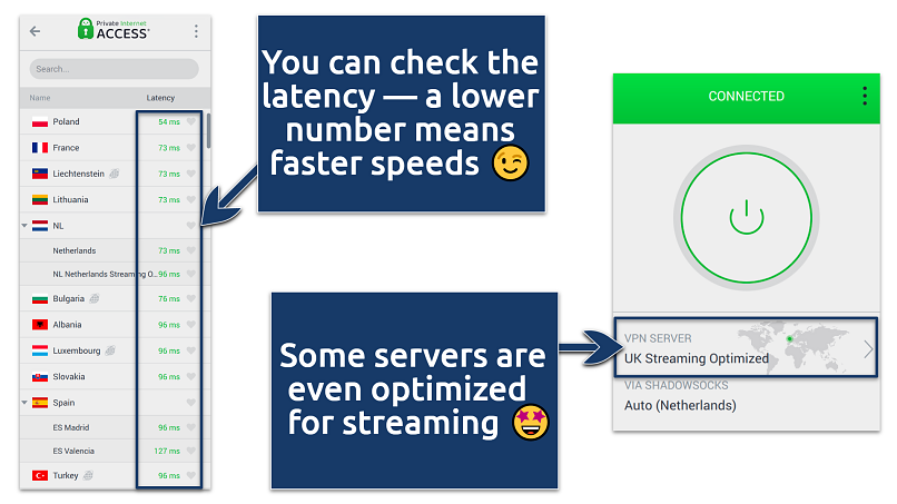 Screenshot of the PIA server network