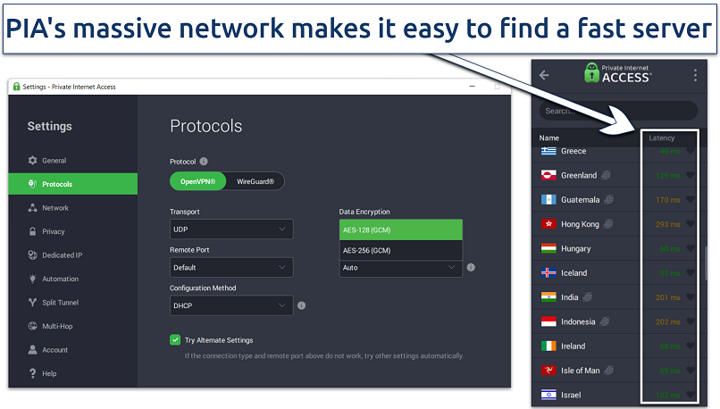 Screenshot showing PIA server list and encryption options