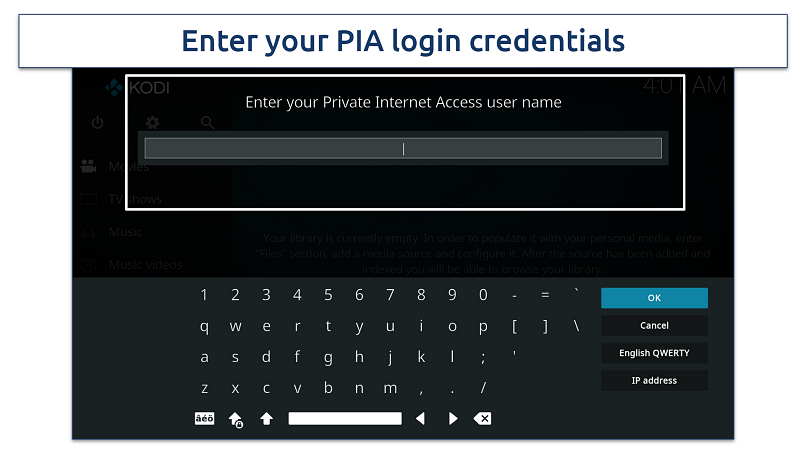 Screenshot of the PIA username screen of the add-on.