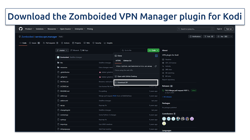 Screenshot of Zomboided VPN Manager plugin on Kodi